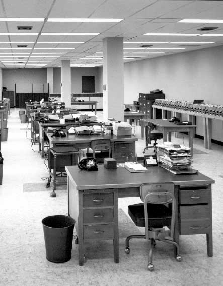 black and white photo of 1960's Alberta Blue Cross office